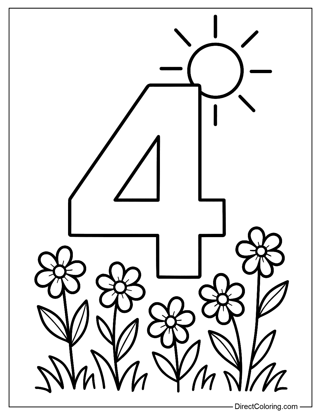 The number 4 coloring page has four flowers blooming in the sun.